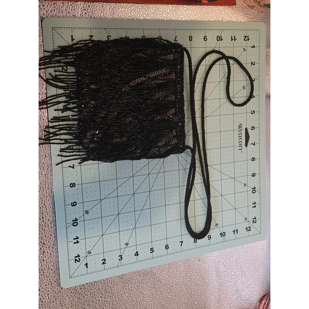 Far Nine Vintage Y2K Black Beaded Fringe Sequin Crossbody Evening Bag Purse‎